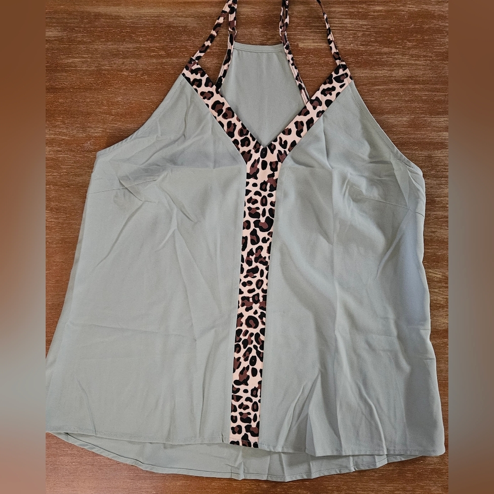 Leopard Accent Boho Top - Pastel Sage Green - Size Medium Racerback Tank Top